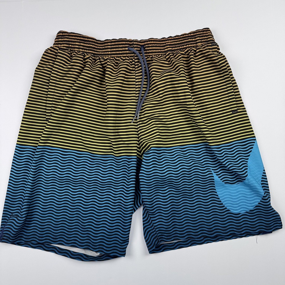 Nike Swim Shorts Mens XL (30x9) Blue Yellow Stripe Wave Board Trunks NESSB508